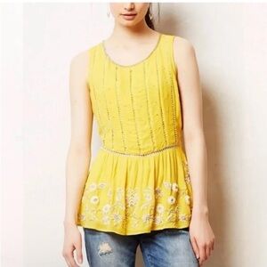 Anthropologie Maeve Calendula
Sequin Floral Embroidered Peplum
Blouse Yellow Sz8